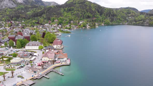 Aerial View of Mountain Lake Wolfgangsee with Houses of Resort Town in Austria, Alps