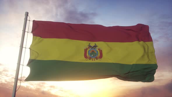 Flag of Bolivia Waving in the Wind Sky and Sun Background