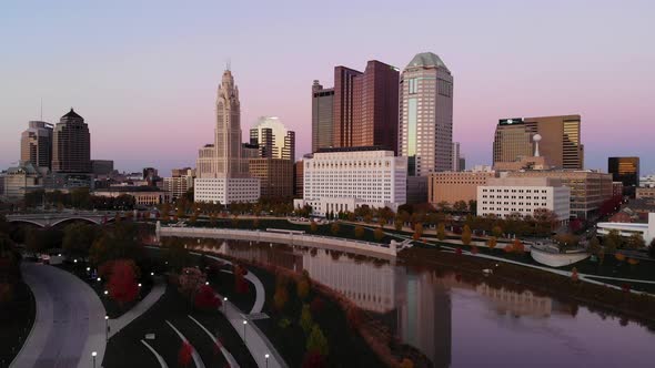 Columbus Ohio skyline at dusk - aerial drone