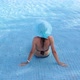 Happy Young Woman in Blue Hat Sits Down in Swimming Pool in Hotel - VideoHive Item for Sale