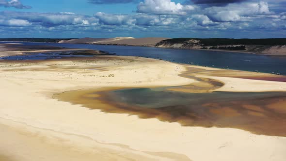 Banc d'Arguin in Arcachon France flooded with ocean water from the south passage, Aerial dolly left