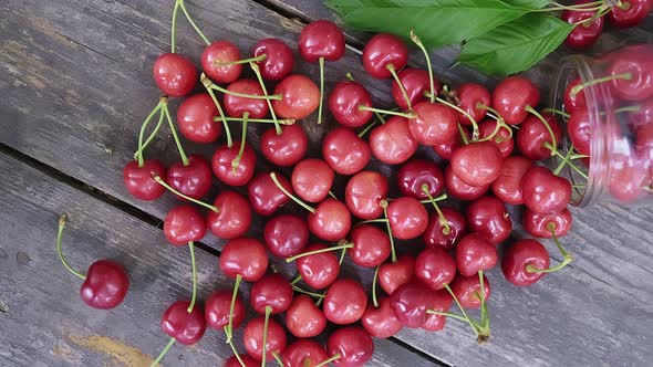 Closeup Dolly Slider Shot of Scattered Ripe and Red Wild Cherries on the Table