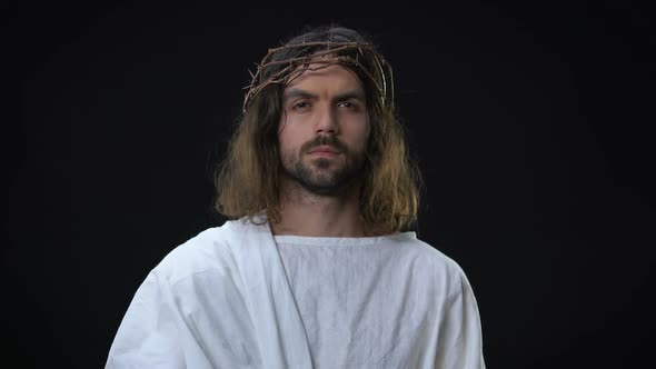 Jesus Christ With Open Palm on Dark Background, Helping Hand Support, Bible