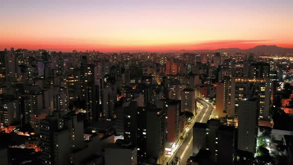 Sunset Sao Paulo Brazil. Panoramic landscape of downtown city building