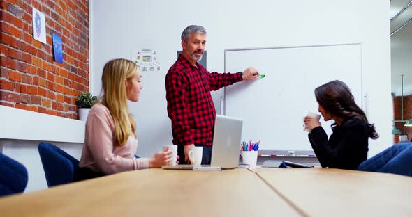 Business executives discussing over whiteboard during meeting