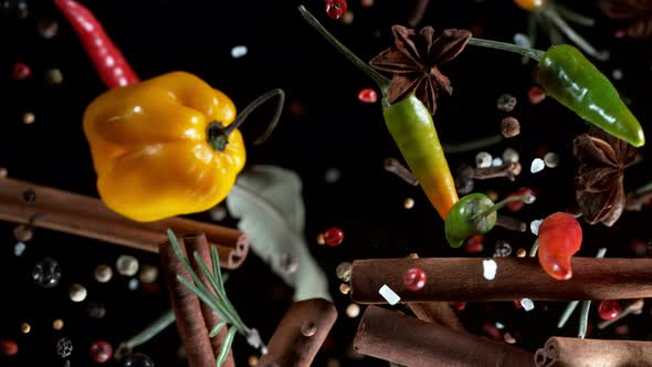 Super Slow Motion Shot of Colorful Seasoning Explosion on Black Background at 1000Fps