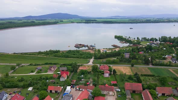 Aerial View of Lake Metkow and Countryside Village in Poland