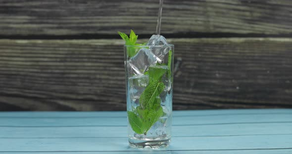 Clear Water Pouring in Glass with Green Mint Leaves and Ice Cubes