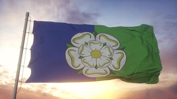 East Riding of Yorkshire flag, England, waving in the wind, sky and sun background