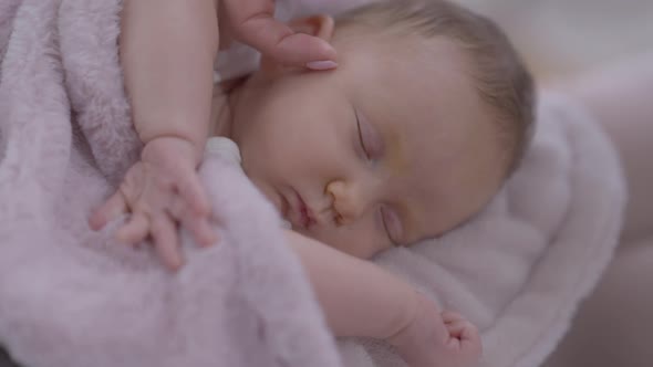 Closeup Sleeping Infant with Female Finger Caressing Cheek