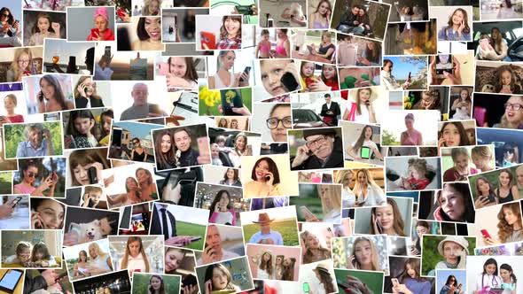 Video collage of smiling people, various images in the form of a large video wall of TV