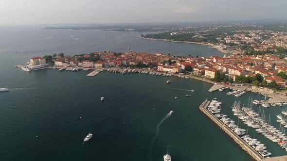 Aerial view of Porec, Parenzo at evening