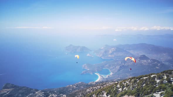 Drone view on world famous paragliding spot in Oludeniz, Fethiye, Turkey