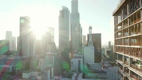 AERIAL: Close Up of Construction Site Skyscraper in Downtown Los Angeles, California Skyline at