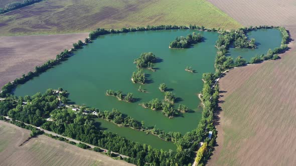 Aerial view of a lake in the village of Komjatice in Slovakia