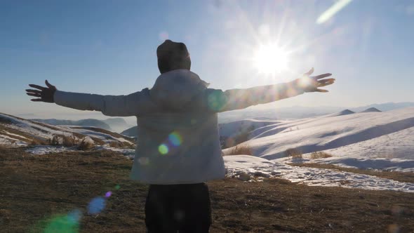 Happy Traveler Girl with a Successful Emotion By Raise Two Arms Over Her Head. Cheering Successful