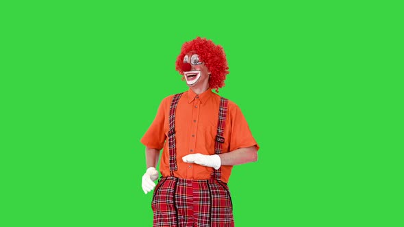 Clown in a Red Wig Walking and Greeting Everyone on a Green Screen Chroma Key