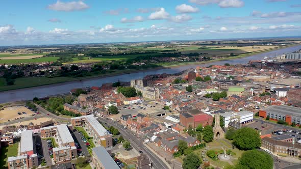 Aerial footage of the beautiful town of King's Lynn a seaport and market town in Norfolk England UK