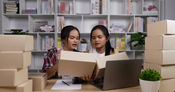 Twin girls selling online and checking order