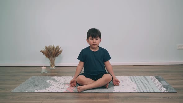 Caucasian Boy Does Yoga Online Child Does Shoulder Warmup Yoga for Beginners Boy Does Exercise