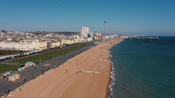 Drone shot of Brighton and Hove cityscape in East Sussex, England, UK