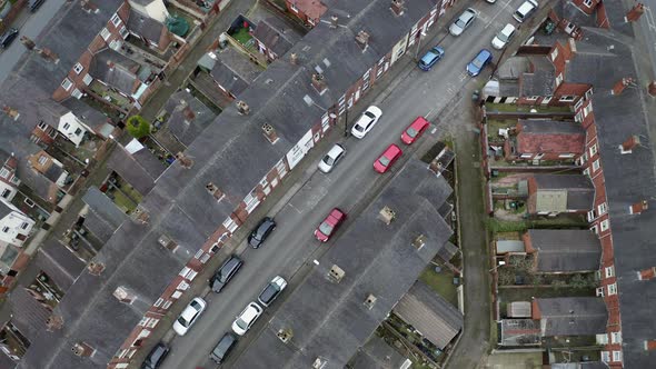 Overhead aerial footage of terrace housing in one of Stoke on Trent's poorer areas, poverty and urba