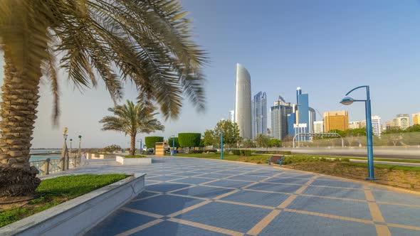 Corniche Boulevard Beach Park Along the Coastline in Abu Dhabi Timelapse Hyperlapse with Skyscrapers