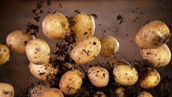 Super Slow Motion Shot of Flying Potatoes with Soil at 1000 Fps