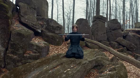 Ninja Katanas with a Samurai in a Coniferous Forest