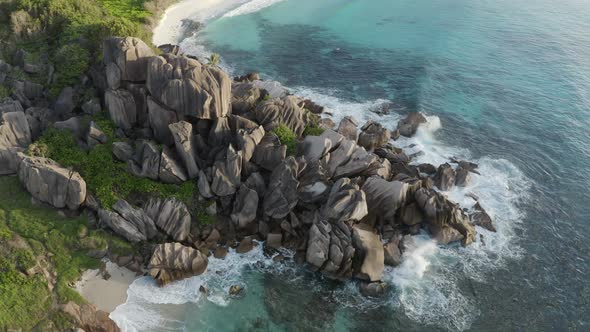 Aerial view of a beach, La Digue and Inner Islands, Seychelles.