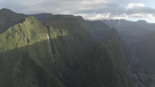 Aerial view of a waterfall (La Cascade Blanche), Saint Benoit, Reunion.