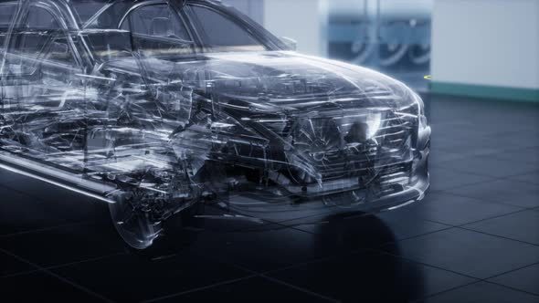 Transparent Car with Engine in Laboratory