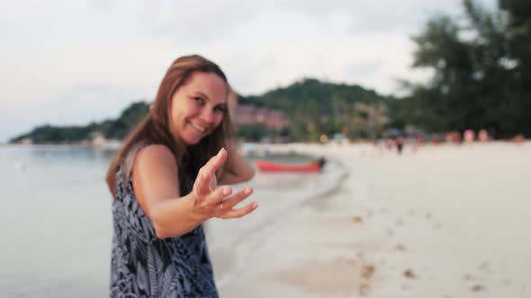 Follow Me Shot of Young Pretty Woman on Tropical Exotic Beach