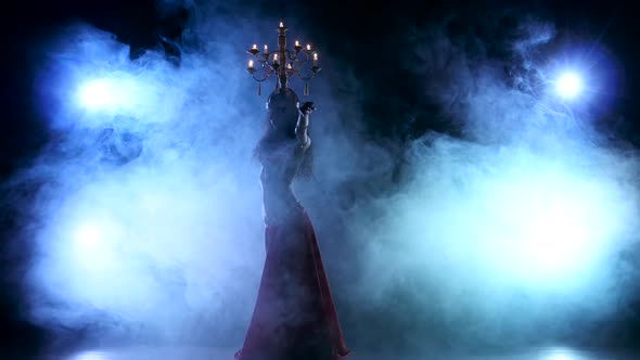 Attractive Belly Dancer Dancing with Candles on Her Head, Black, Smoke, Silhouette