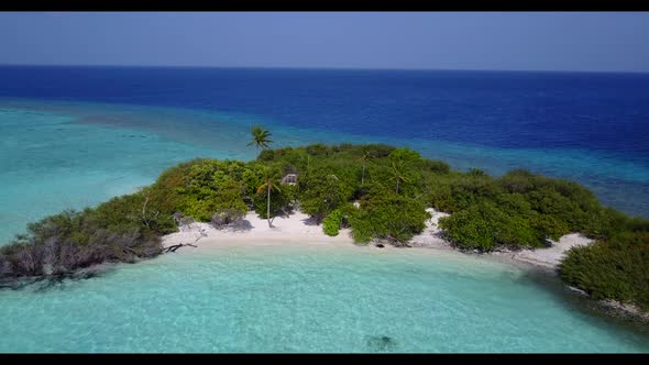 Aerial drone view panorama of marine island beach journey by blue sea with white sandy background of