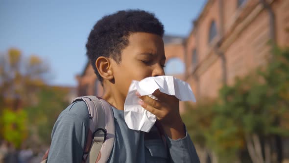 Portrait of African Schoolboy Sneezing and Wipes Nose with Napkin Outdoors