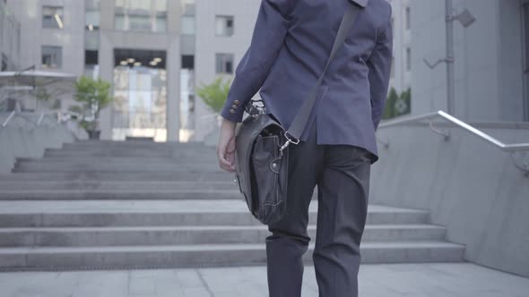 Cute Little Boy Wearing a Business Suit with Case Walking in the City