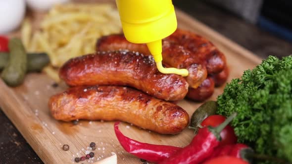 Pouring Mustard Sauce on Tasty Grilled Sausages on Wooden Serving Board with French Fries and Sauces