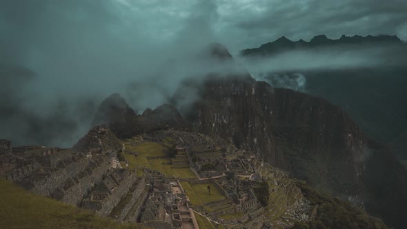 Timelapse of Machu Picchu during early morning with a lot of fog, Cusco Region.