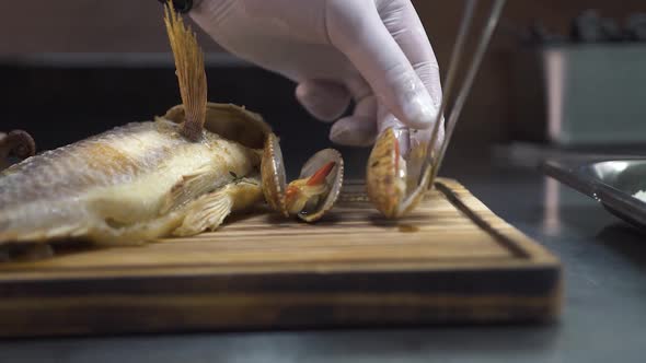 Chef Puts Roasted Scallops Near Grilled Ocean Perch Closeup
