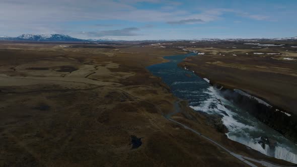 Panoramic Aerial View of Popular Tourist Destination  Gullfoss Waterfall