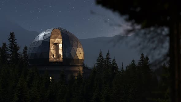 A modern astronomical observatory in a vast coniferous forest during night. 4KHD