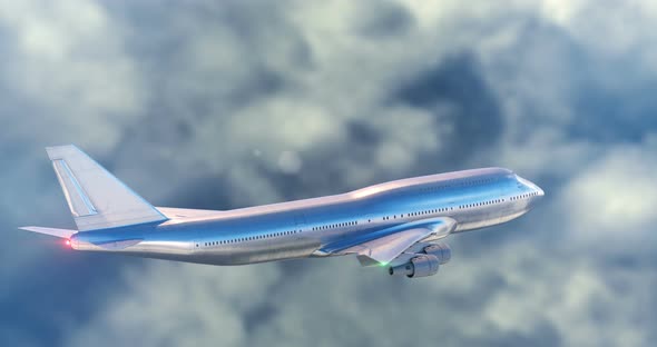 Large Passenger Airplane with Navigation Lights Flying in Clouds alt