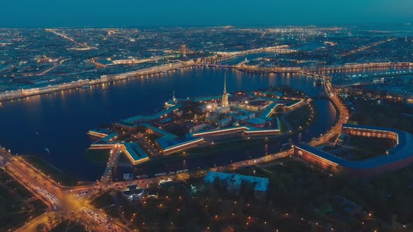 Drone Flies Up to the Peter and Paul Cathedral and Fortress at Evening the Sights of St