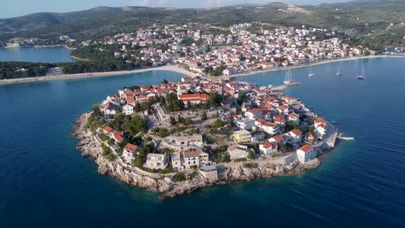 An aerial view of Primosten, Croatia. This is a cute Croatian island connected to the mainland with