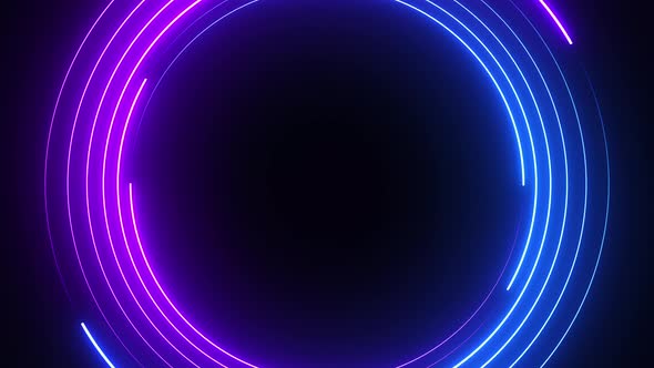 Blue and purple neon circles abstract futuristic hi-tech motion background.