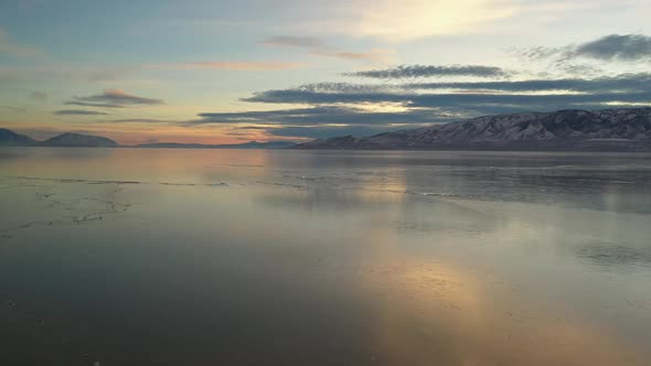 Flying over Utah Lake viewing sheets of ice on the surface