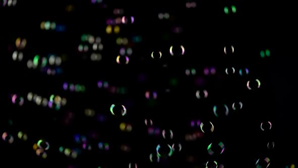 Colorful Soap Bubbles Fly. Black Background.