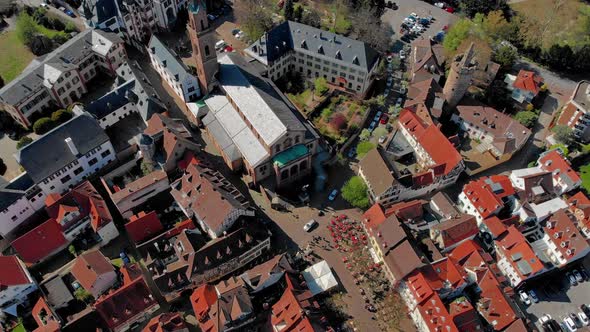 Beautiful flight over the fortress and park in the center of Weinheim. Germany.