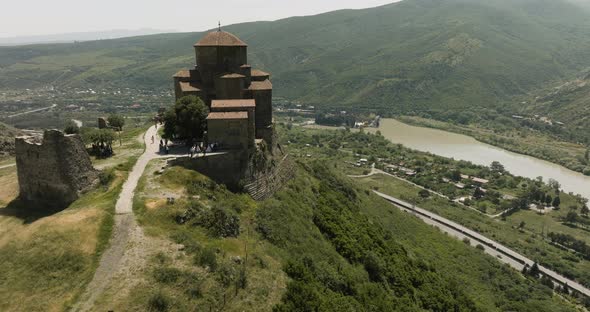 Aerial Drone Of Mountaintop Monastery Of Jvari Near Mtskheta, Eastern Georgia.